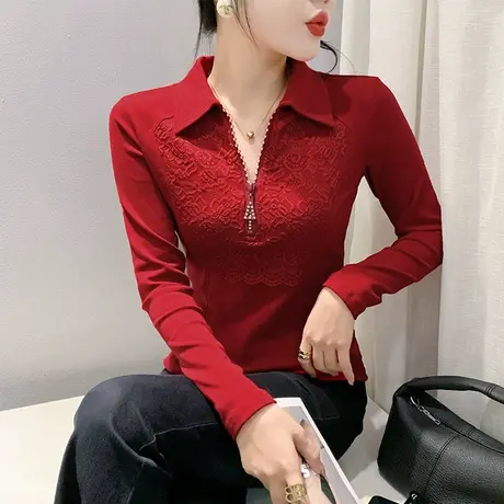 红色POLO领上衣ins性感拉链拼接烫钻T恤女长袖洋气修身显瘦打底衫商品大图