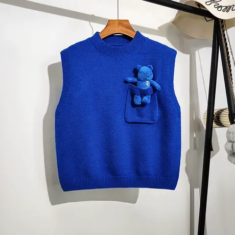 克莱因蓝针织马甲女秋冬新款圆领立体小熊学院风无袖毛衣背心外穿商品大图