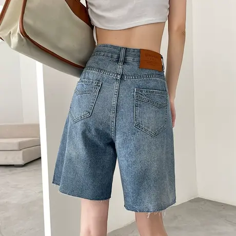 牛仔短裤女五分夏季薄款高腰a字宽松显瘦复古港味毛边阔腿中裤潮商品大图