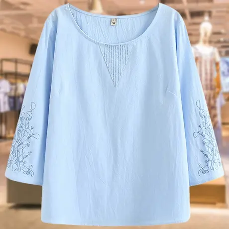 加肥加大码200斤中年胖妈妈纯棉七分袖T恤宽松洋气绣花套头衫上衣商品大图