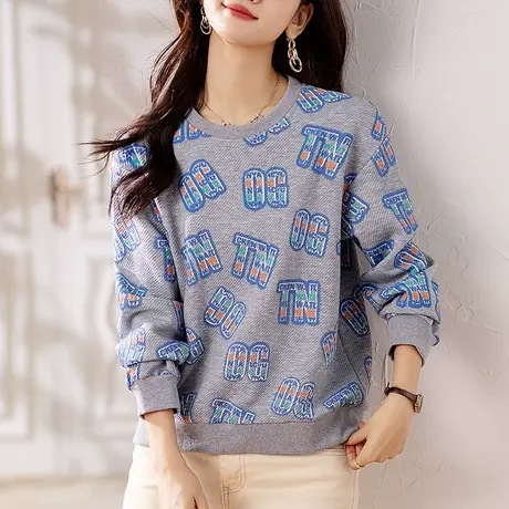 圆领卫衣女春秋季新款宽松加大码女装中年妈妈减龄百搭上衣打底衫图片