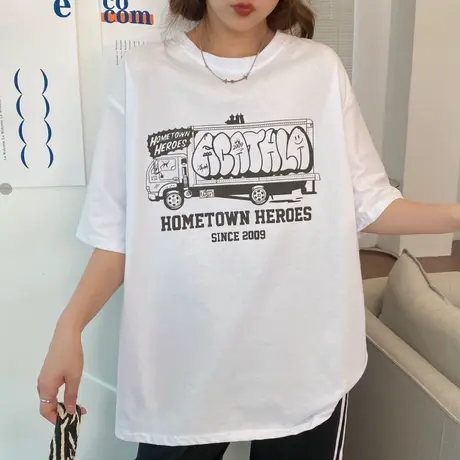 美式短袖t恤女夏季纯棉宽松韩版ins半袖设计感小众chic港味上衣服图片