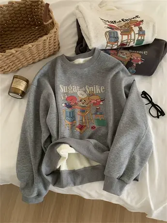 美式复古印花圆领加绒卫衣女2023秋冬复合宽松韩版百搭套头上衣潮商品大图