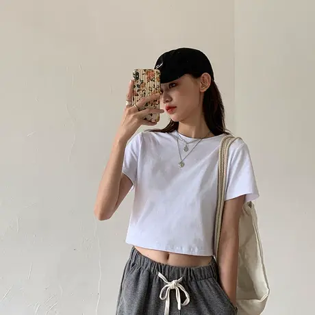 2024年夏季新款薄款清爽别致设计感上衣ins风短款白色短袖t恤女装图片