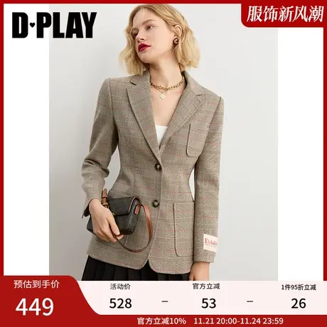 DPLAY【黑标】时尚通勤卡其色中长款西装格纹单排扣外套图片