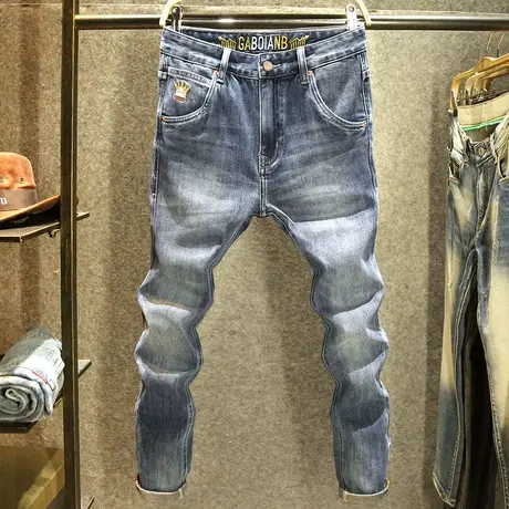 个性皇冠刺绣男士牛仔裤修身小直筒弹力长裤高质量水洗工艺裤子男商品大图