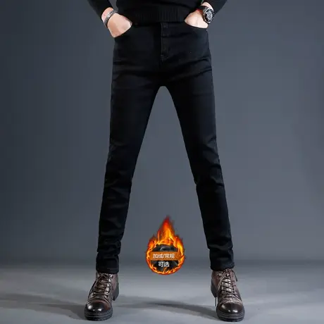 加绒牛仔裤男2023秋冬新款潮牌修身小脚纯黑色男士休闲弹力裤子男图片