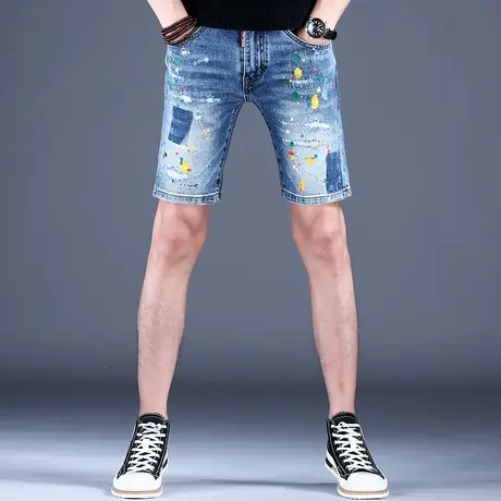 三分牛仔短裤男款破洞美式高街网红爆款五分裤子秋冬薄款浅色夏天商品大图
