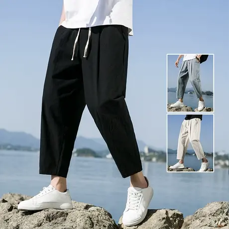 棉麻九分裤子男裤ins潮痞帅百搭春秋夏季休闲高街直筒小个子八分商品大图