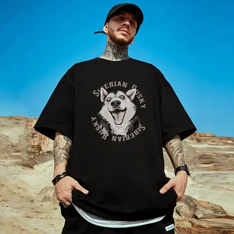 美式复古重磅潮牌短袖T恤简约大码男装加肥加大胖子宽松情侣半袖商品大图