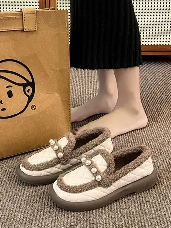 冬季乐福鞋女2023年新款平底珍珠一脚蹬通勤棉鞋复古加绒豆豆鞋潮商品大图