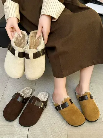 复古森系厚底勃肯鞋一脚蹬包头半拖鞋女外穿2023新款加绒毛毛棉拖图片