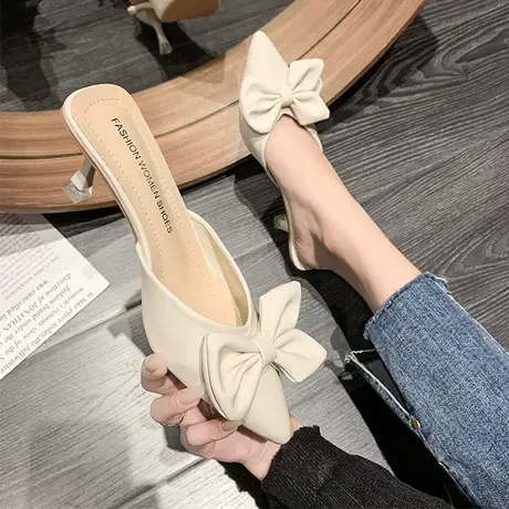 软皮蝴蝶结外穿包头拖米色高跟拖鞋女2023新款春夏气质细跟半拖鞋商品大图