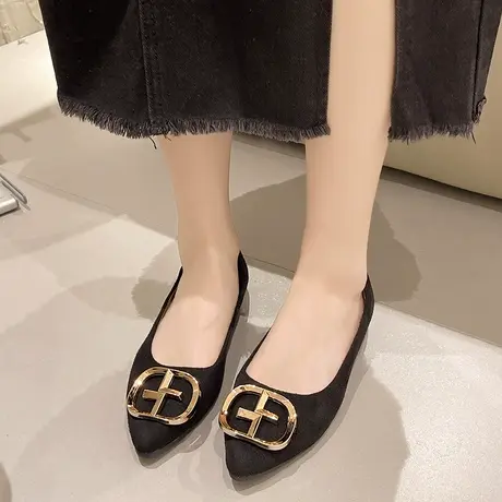 韩版尖头单鞋春季新款百搭一脚蹬春秋平底鞋子女鞋低跟豆豆鞋方扣商品大图