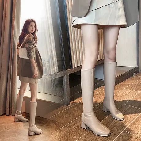 长靴女冬不过膝2024年新款长筒粗跟中筒小个子瘦瘦骑士高筒靴加绒图片
