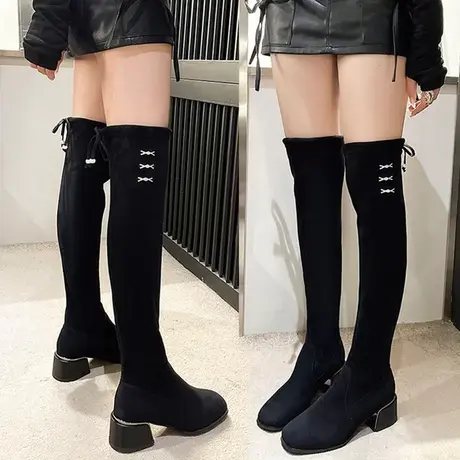 过膝长靴女2023年秋冬新款中跟高筒显瘦弹力靴粗跟加绒单靴长筒靴图片