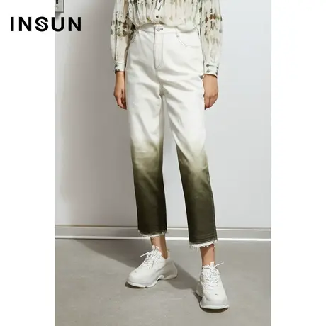 INSUN恩裳春秋季棉质休闲渐变撞色拼接修身工装牛仔裤女商品大图