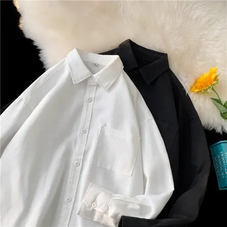 美式重磅纯棉衬衫长袖男士春秋季宽松休闲翻领打底高级感白色衬衣商品大图