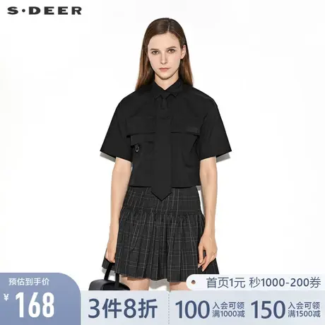 sdeer圣迪奥学院风领带字母口袋工装短袖黑色衬衫女夏S21260427图片