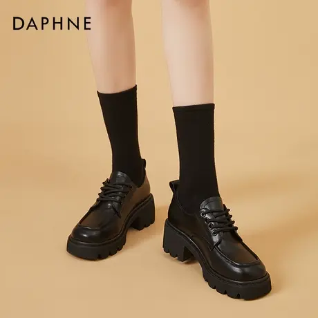 达芙妮黑色小皮鞋女英伦风春秋2022新款厚底夏季乐福鞋系带大头鞋图片