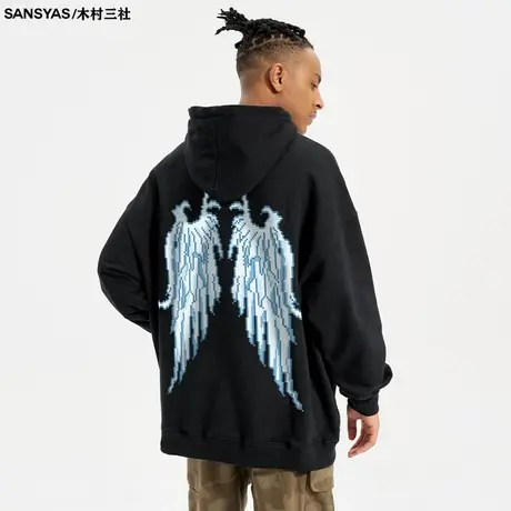 木村三社SANSYAS 像素翅膀背面印花新款男士卫衣冬季连帽保暖外套商品大图