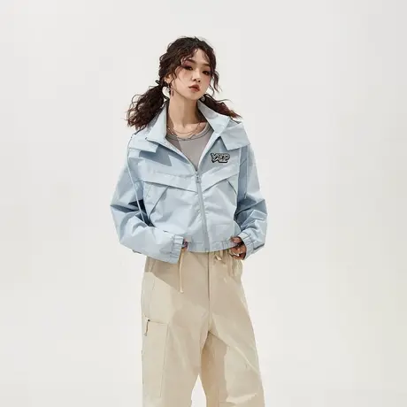 YEP设计感反光短款连帽外套女春秋款复古宽松夹克上衣薄荷曼波商品大图