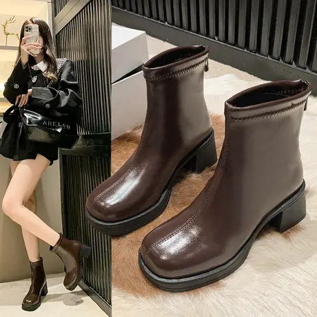 高级感炸街小短靴女靴子冬季加绒高跟鞋瘦瘦靴法式粗跟棕色马丁靴商品大图