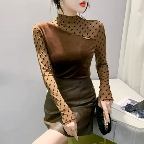 春装2024新款半高领长袖网纱拼接金丝绒洋气内塔上衣女T恤打底衫商品大图