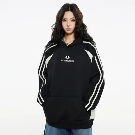 Nuthink美式套头撞色插肩简约卫衣男潮潮牌春季保暖加绒加厚帽衫商品大图