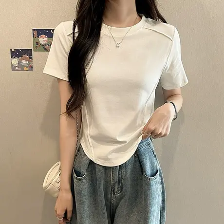 纯色圆领短袖修身T恤女2023夏欧货新款洋气减龄鱼骨短款正肩小衫商品大图