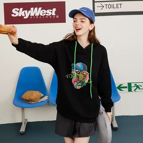 a02春秋款美式炸街猫咪印花长袖上衣个性装饰连帽女式卫衣商品大图