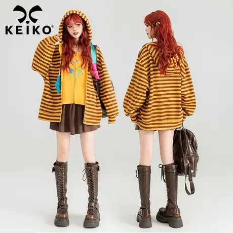 KEIKO 鬼马少女假两件条纹卫衣女2024春季设计感连帽拉链开衫外套商品大图