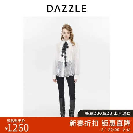 DAZZLE地素奥莱蕾丝长袖衬衫春秋装新款气质轻薄飘带蕾丝衬衫女图片