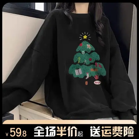 设计感圣诞节卫衣女秋冬季新款加绒加厚宽松慵懒风套头上衣小个子商品大图