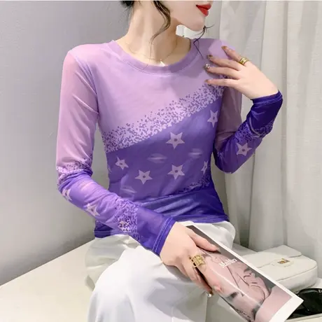 春秋2024新款T恤网纱印花拼色圆领洋气长袖修身显瘦上衣女打底衫图片