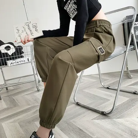 工装裤女春秋2024新款卡其色小个子休闲束脚哈伦直筒高腰宽松裤子图片