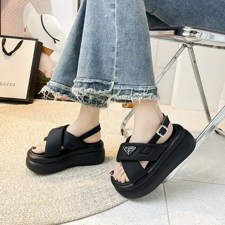 露趾凉鞋女2024年春夏季新款小个子厚底增高罗马鞋百搭透气沙滩鞋商品大图