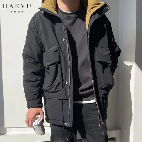 DAEVU冬新款撞色潮胖子大号加肥加大码男士连帽中长款羽绒服外套图片