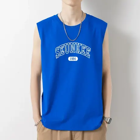 克莱因蓝纯棉背心男士夏季外穿运动坎肩健身篮球跨栏宽肩无袖t恤商品大图