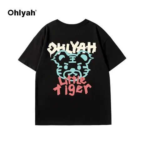 Ohlyah小老虎印花图案本命年春夏潮牌圆领T恤女纯棉黑色情侣短袖商品大图