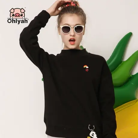 Ohlyah2023秋黑色半小高领圆领套头卫衣女无帽宽松上衣潮纯棉外套图片