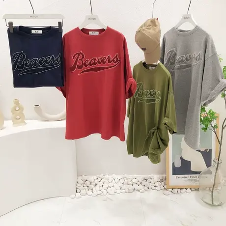 2022春夏新款韩国东大门ins复古美式刺绣字母宽松短袖大版潮欧货图片