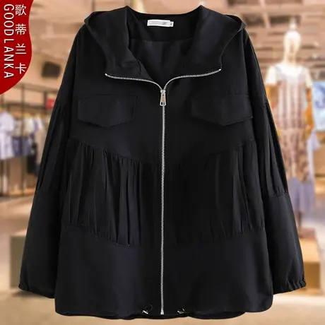 中年妈妈秋装连帽风衣女200斤大码宽松时尚收腰显瘦褶皱夹克外套商品大图