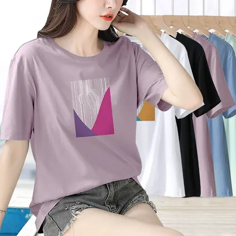 纯棉圆领时尚百搭印花短袖t恤女2023夏季新款宽松显瘦纯棉上衣服商品大图