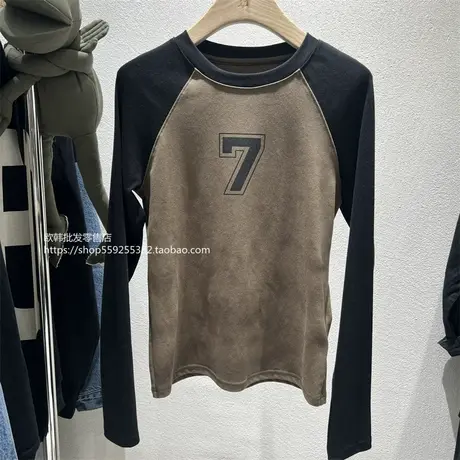 欧货2023新款时尚百搭印花渐变拼色打底衫上衣小个子长袖T恤女装图片