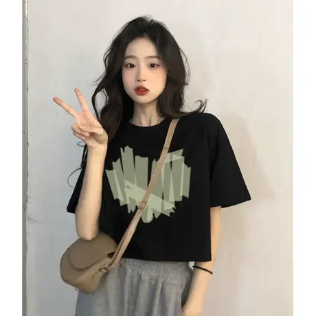 正肩短款t恤女ins潮夏季宽松显瘦设计感小众辣妹风短款上衣小个子商品大图
