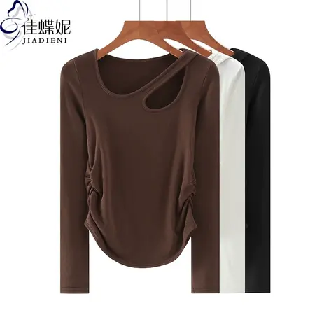 早秋新款韩圆领露肩纯欲修身纯色短款纯棉褶皱长袖体恤上衣内搭女商品大图