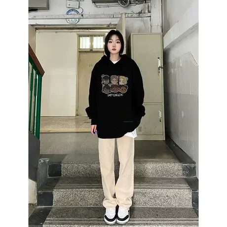 oversize设计感连帽卫衣女秋冬加绒加厚ins潮牌国潮宽松大码外套图片