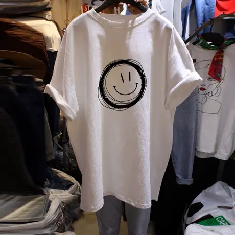 胖人女装洋气笑脸纯棉短袖t恤女宽松显瘦ins潮半袖大码韩版上衣服图片