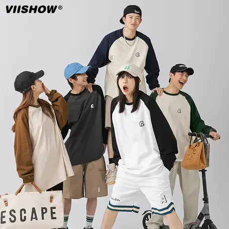 VIISHOW基础刺绣星标魔术2023春季潮牌纯棉插肩休闲长袖圆领T恤商品大图